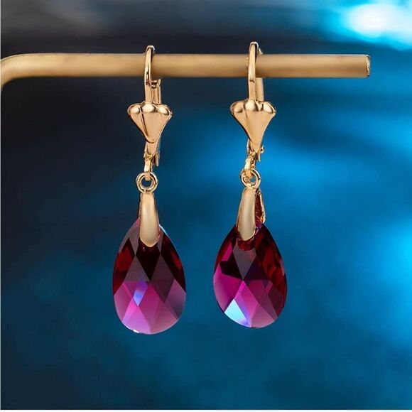 14K Yellow Gold with Fuchsia Pink Austrian Crystal Teardrop Leverback Earrings - Picture 4 of 7